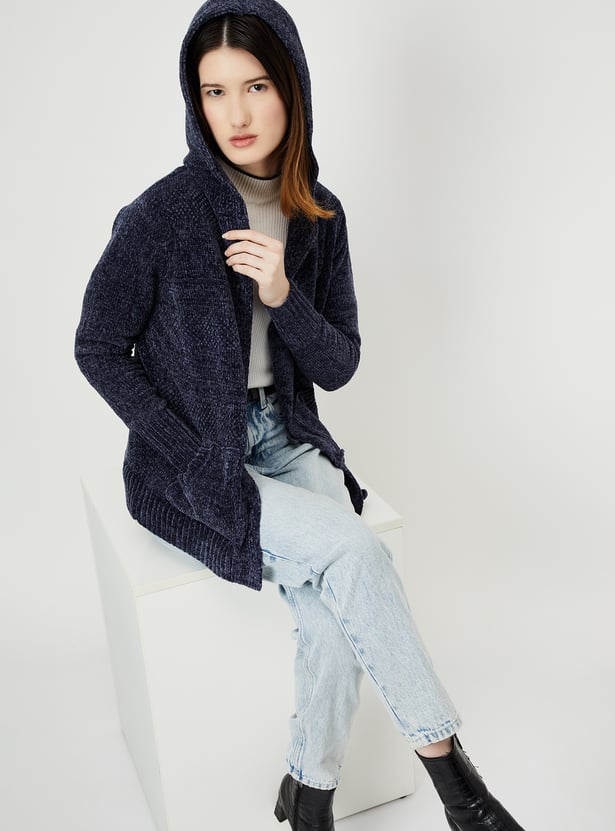 Women Self-Design Hooded Cardigan