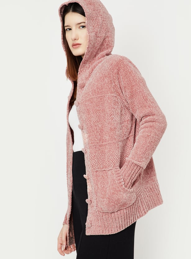 Women Self-Design Hooded Cardigan