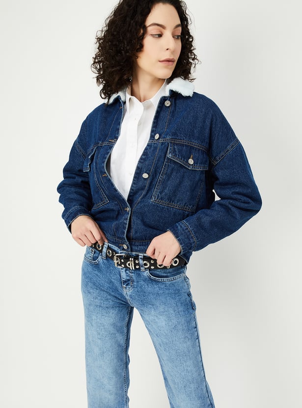 Women Denim Jacket with Teddy Collar