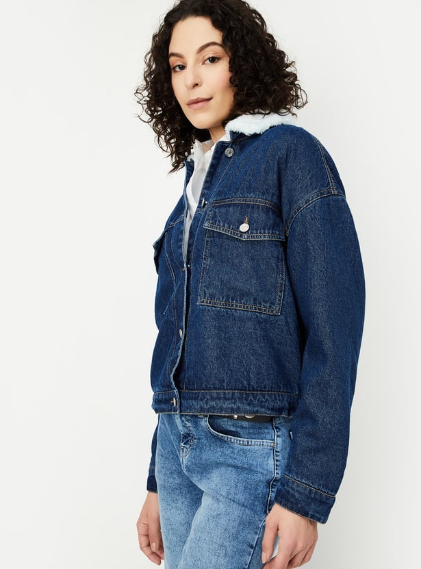 Women Denim Jacket with Teddy Collar