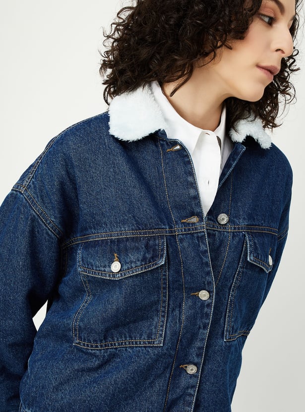 Women Denim Jacket with Teddy Collar