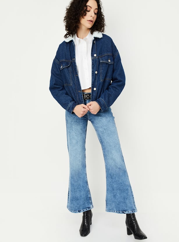 Women Denim Jacket with Teddy Collar