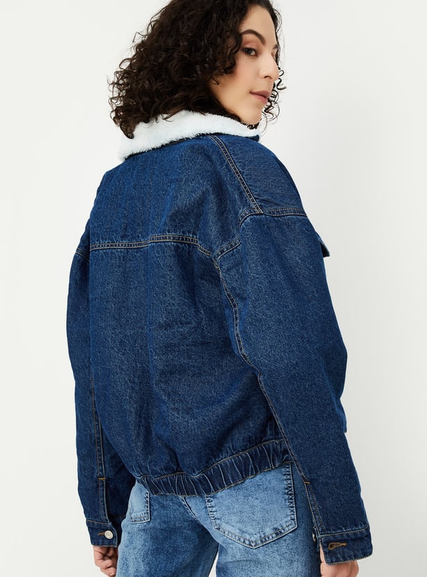 Women Denim Jacket with Teddy Collar