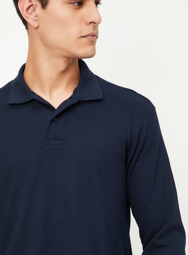 Knit Polo Navy Blue Men's Long Sleeve Polo Shirt Men Navy