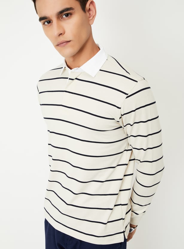 Men Striped Polo T-shirt with Full Sleeves
