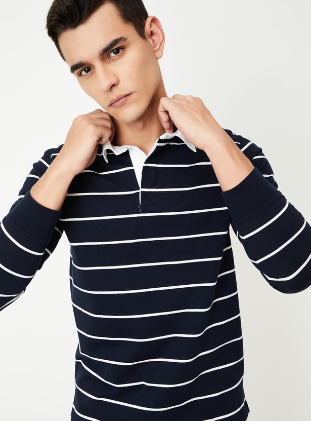 Men Striped Polo T-shirt with Full Sleeves