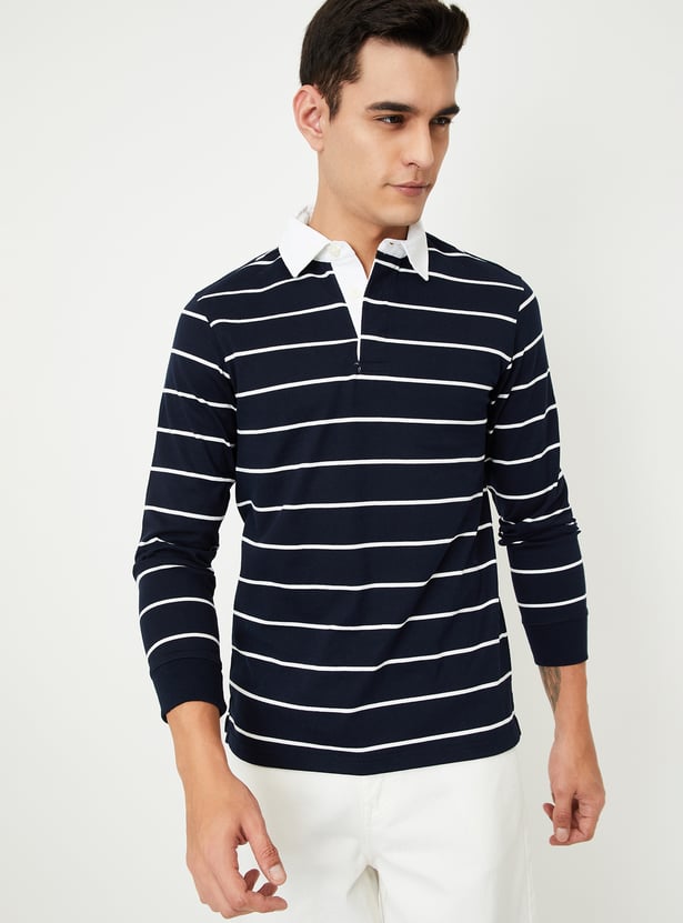Men Striped Polo T-shirt with Full Sleeves