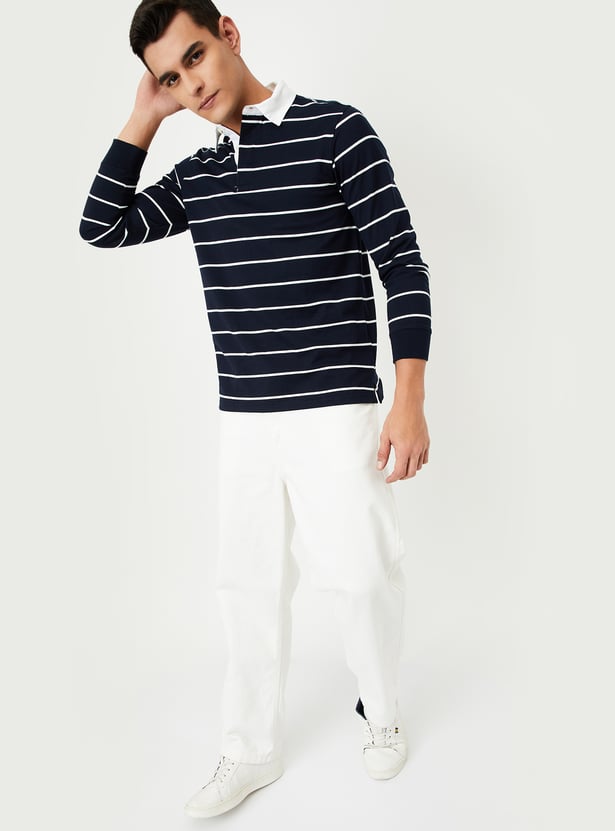 Men Striped Polo T-shirt with Full Sleeves