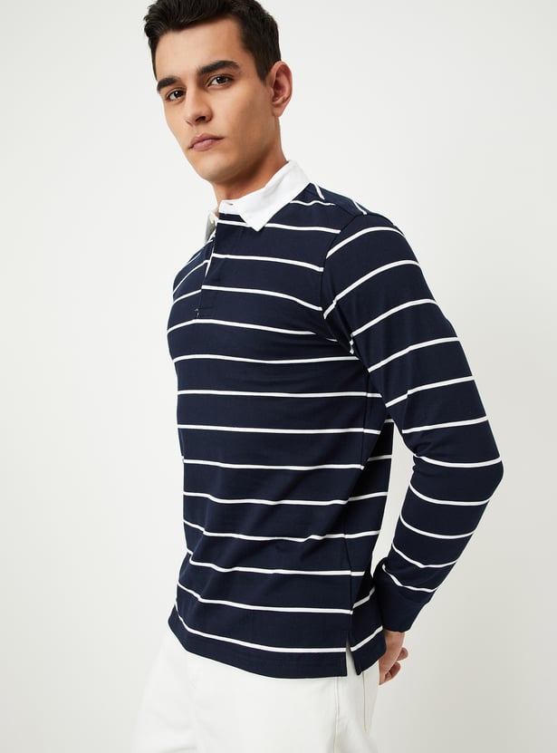 Men Striped Polo T-shirt with Full Sleeves