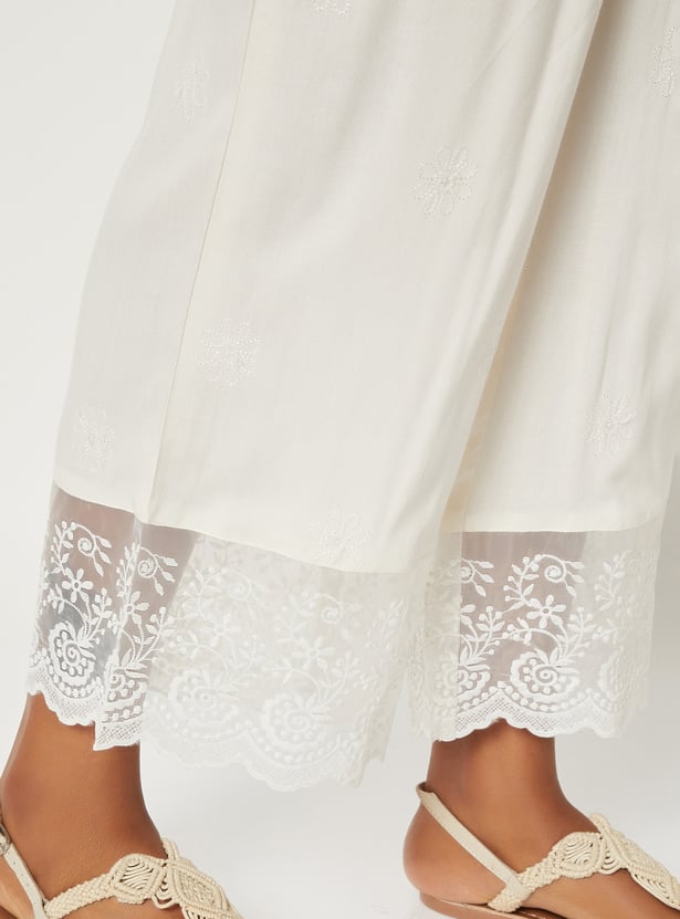 Women Embroidered Palazzos with Lace