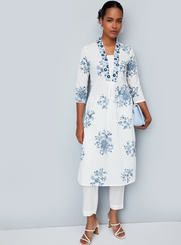 White Floral Printed Straight Kurta And Pants Set