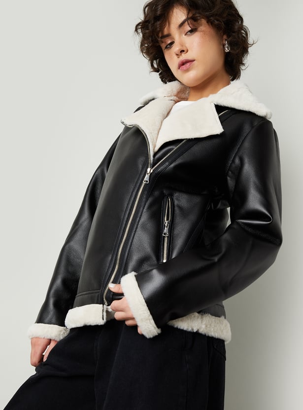 Women Solid Biker Jacket with Faux Fur Trim