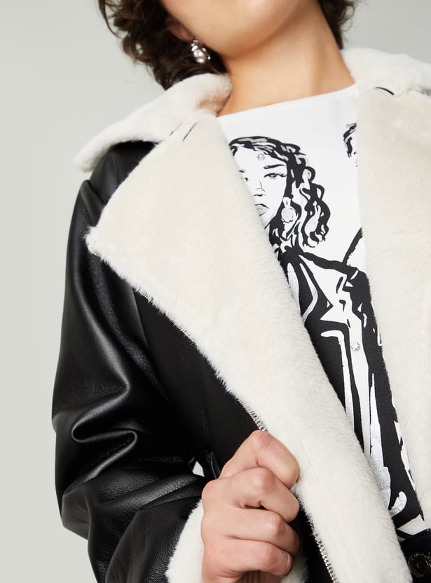 Women Solid Biker Jacket with Faux Fur Trim