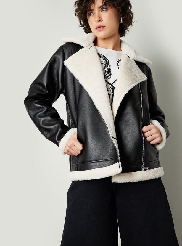 Women Solid Biker Jacket with Faux Fur Trim