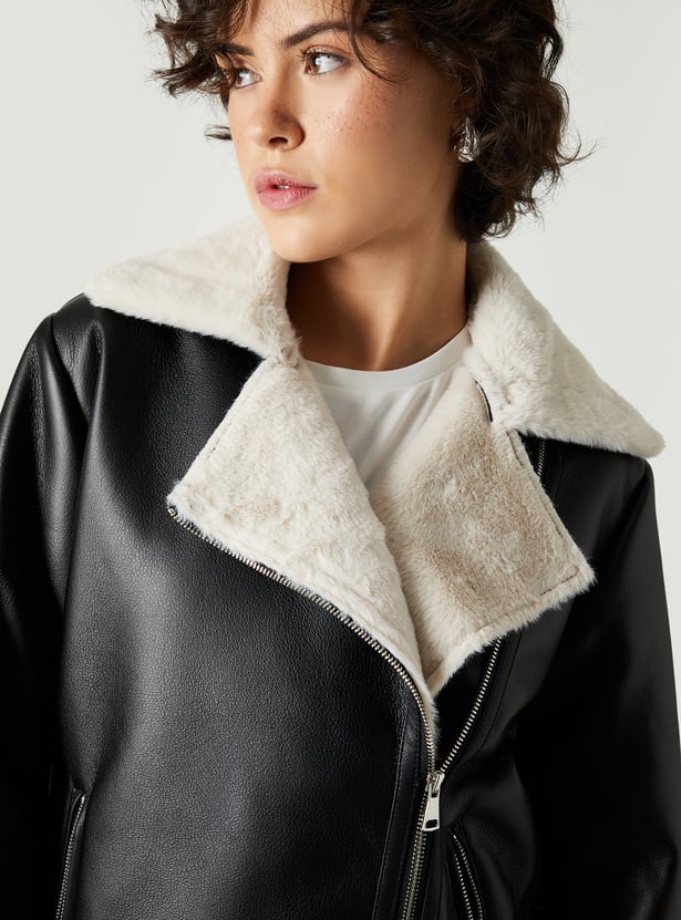 Women Solid Biker Jacket with Faux Fur Trim