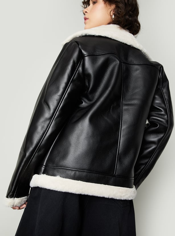 Women Solid Biker Jacket with Faux Fur Trim