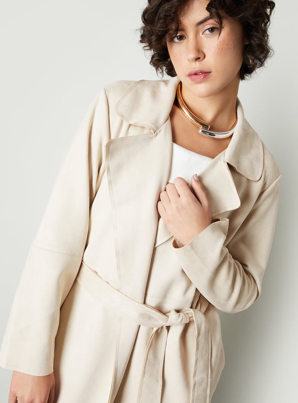 Women Solid Belted Trench Coat