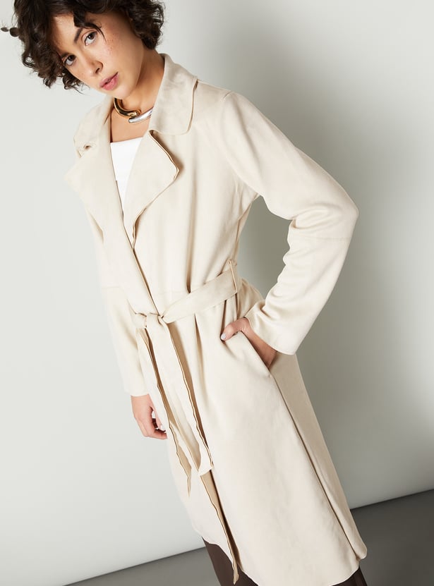 Women Solid Belted Trench Coat