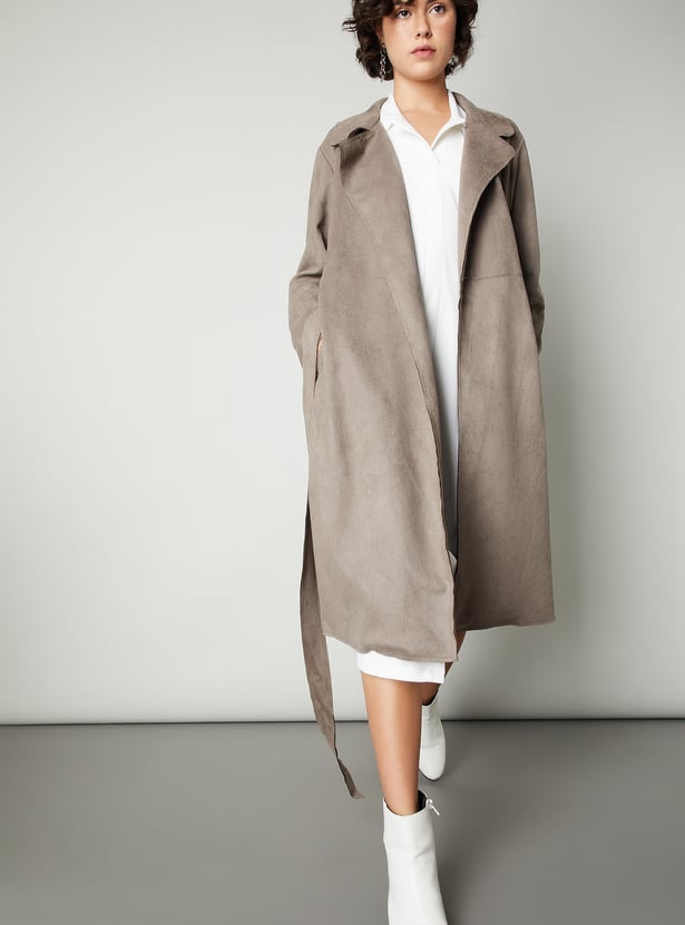 Women Solid Belted Trench Coat