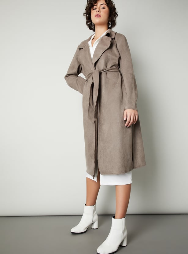 Women Solid Belted Trench Coat