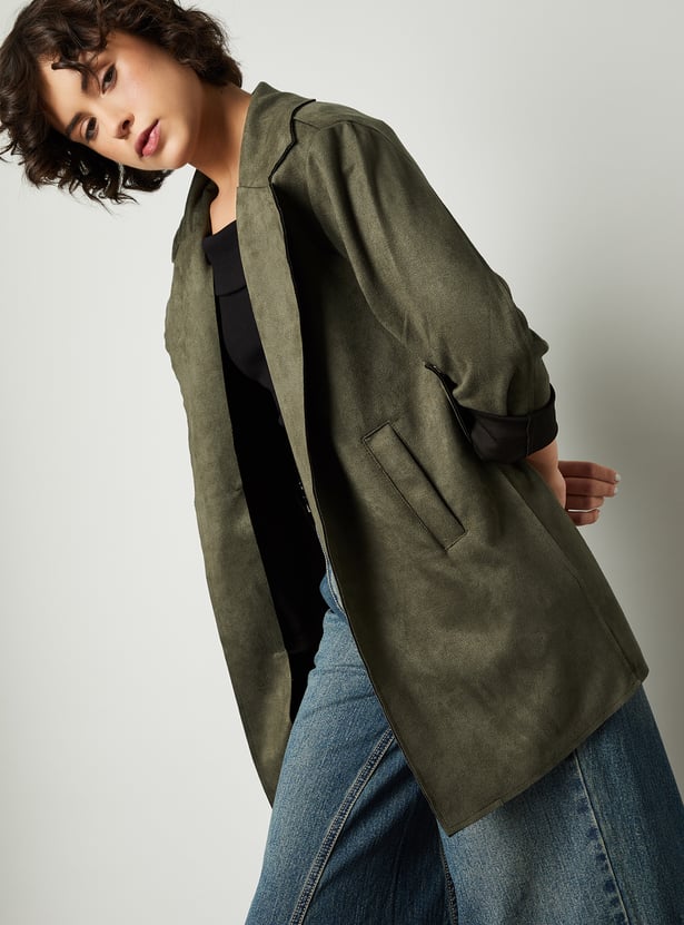 Women Solid Faux Suede Jacket