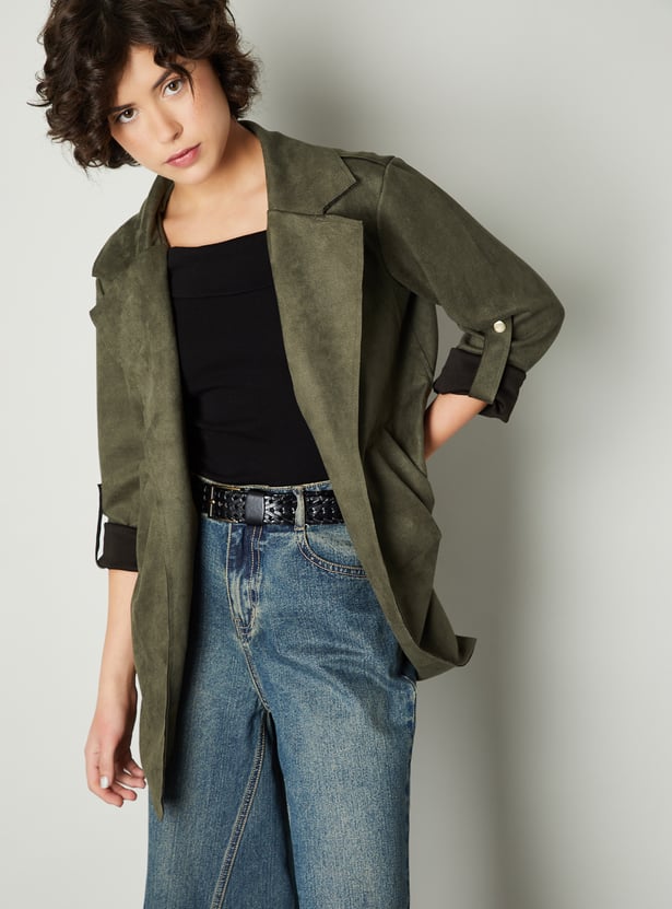 Women Solid Faux Suede Jacket