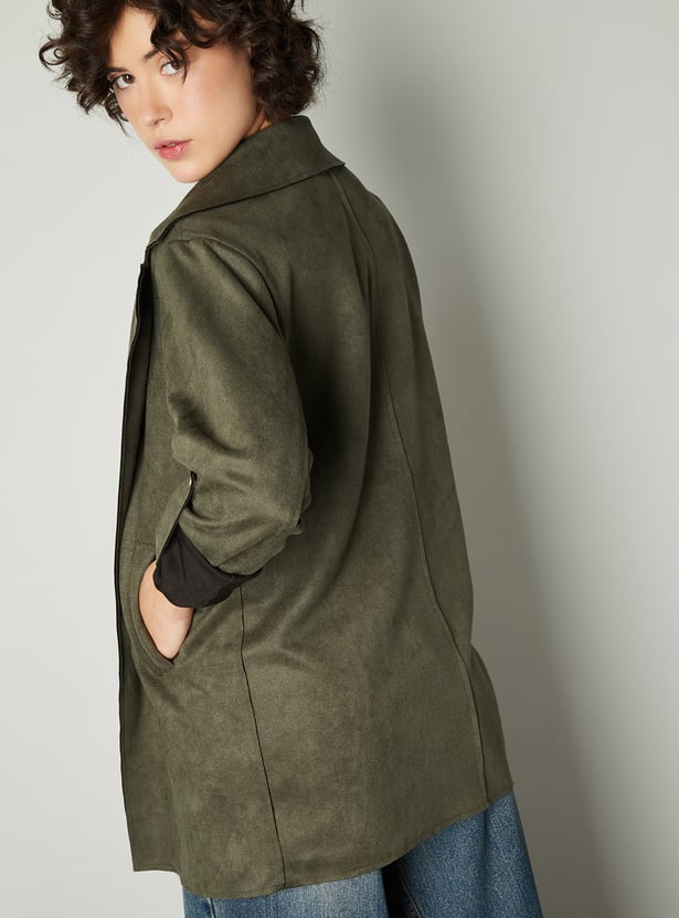 Women Solid Faux Suede Jacket