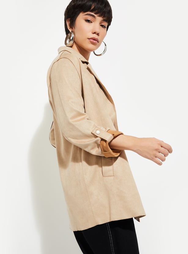 Women Solid Open Front Longline Jacket