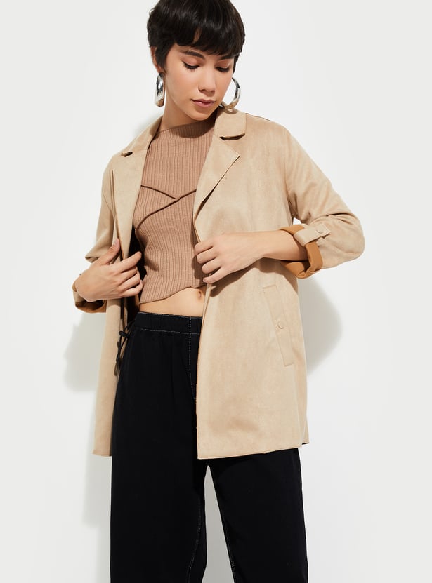 Women Solid Open Front Longline Jacket