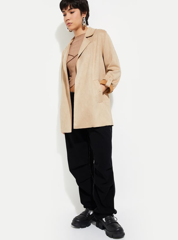 Women Solid Open Front Longline Jacket