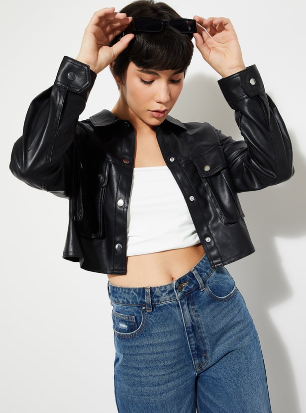 Women Faux Leather Crop Biker Jacket