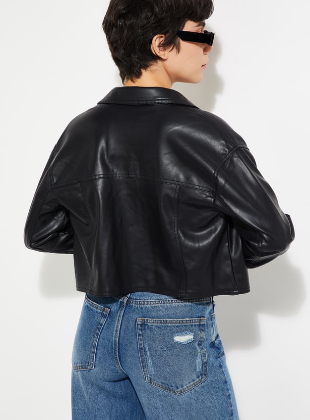 Women Faux Leather Crop Biker Jacket