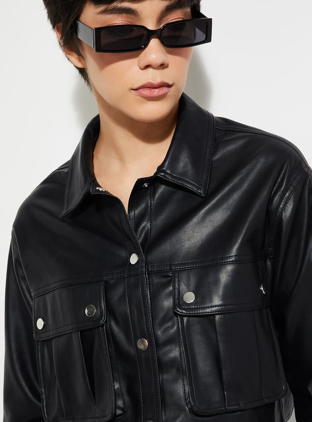 Women Faux Leather Crop Biker Jacket