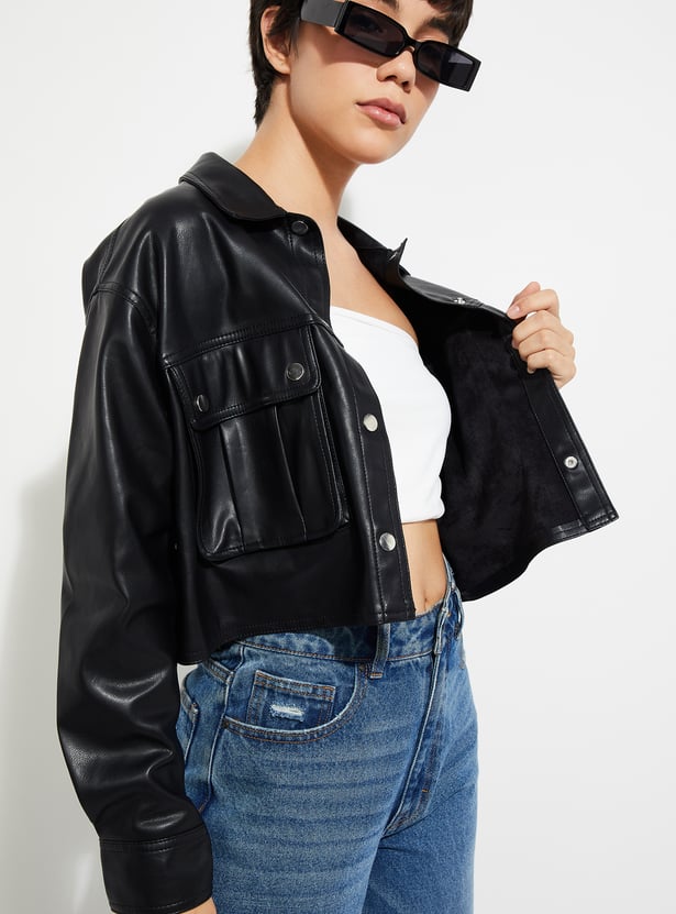 Women Faux Leather Crop Biker Jacket