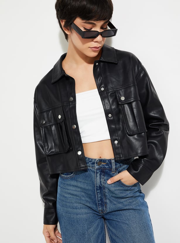 Women Faux Leather Crop Biker Jacket