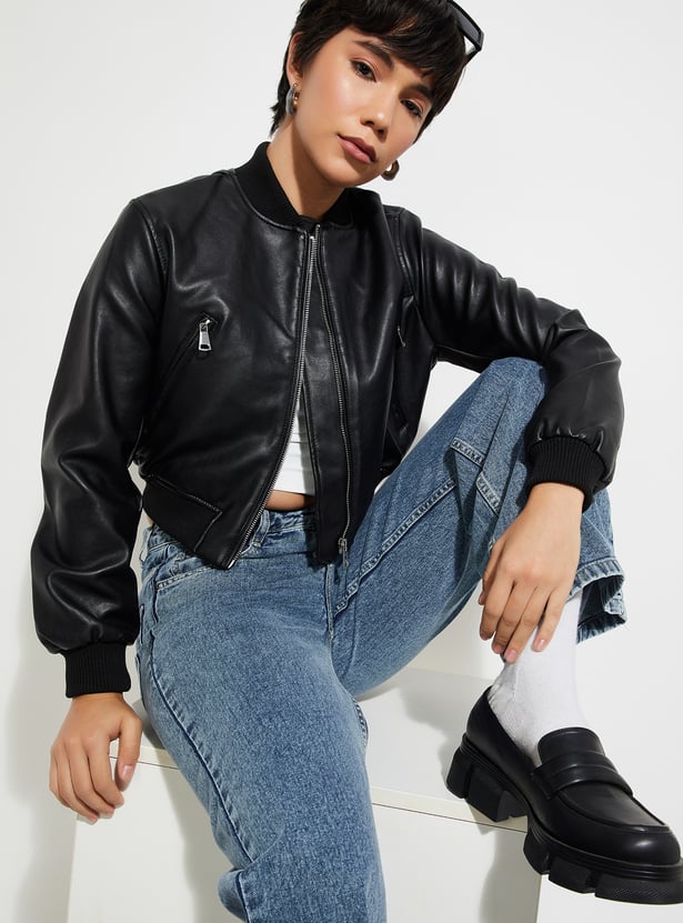 Women Faux Leather Crop Bomber Jacket