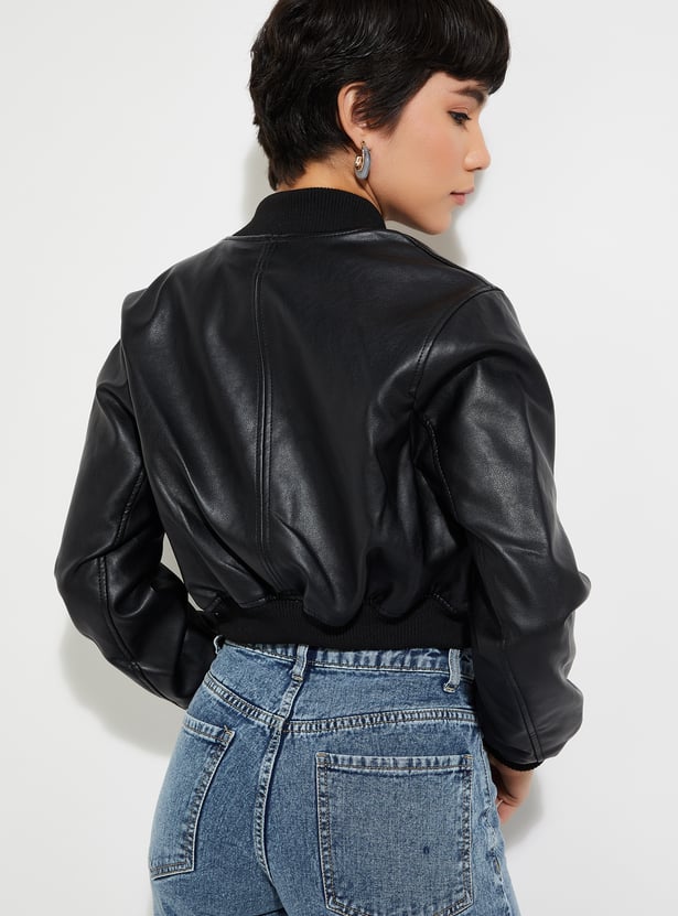 Women Faux Leather Crop Bomber Jacket