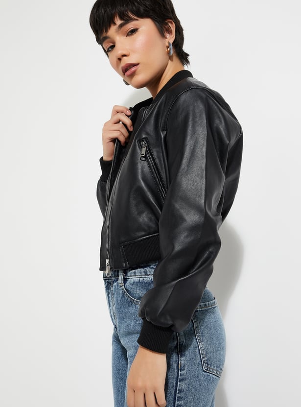 Women Faux Leather Crop Bomber Jacket