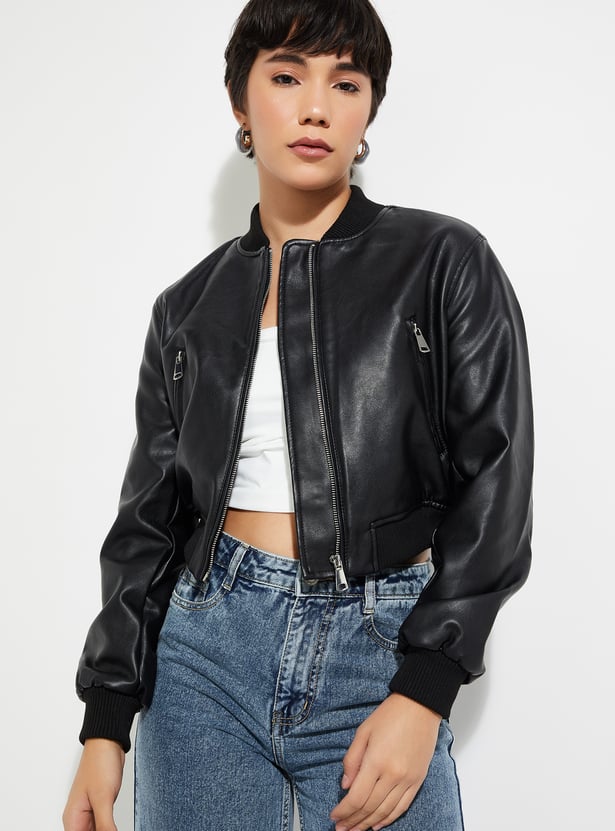 Women Faux Leather Crop Bomber Jacket