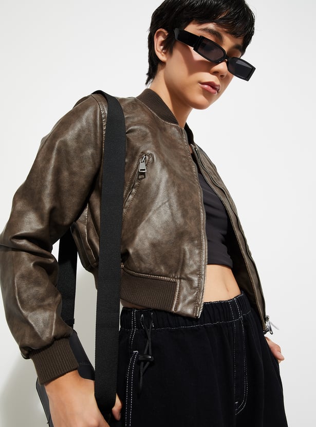 Women Faux Leather Crop Bomber Jacket