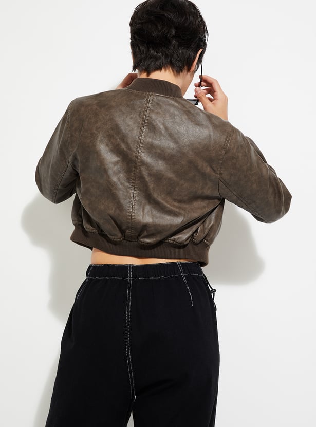 Women Faux Leather Crop Bomber Jacket