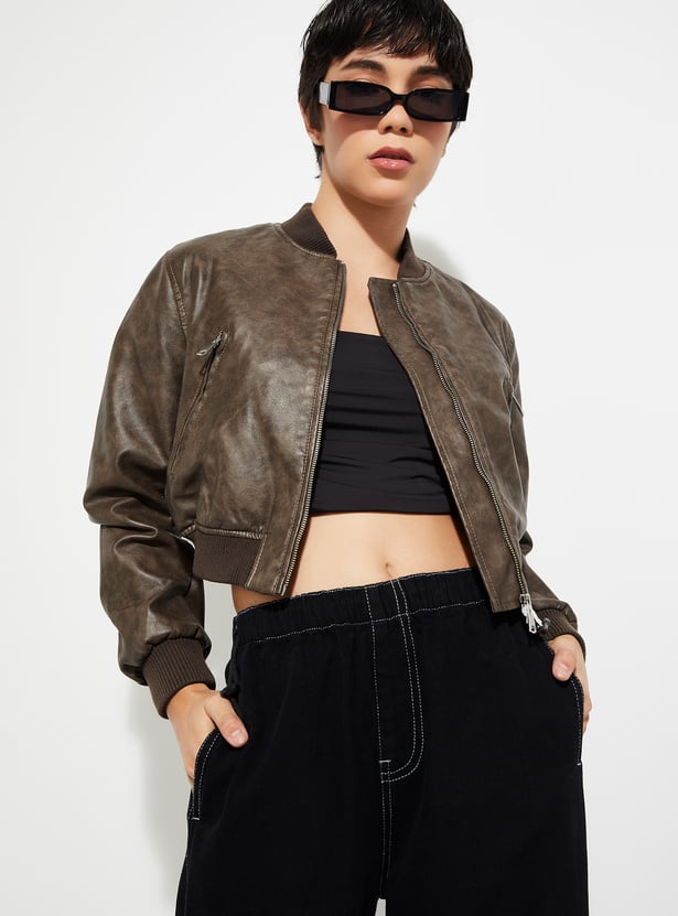 Women Faux Leather Crop Bomber Jacket