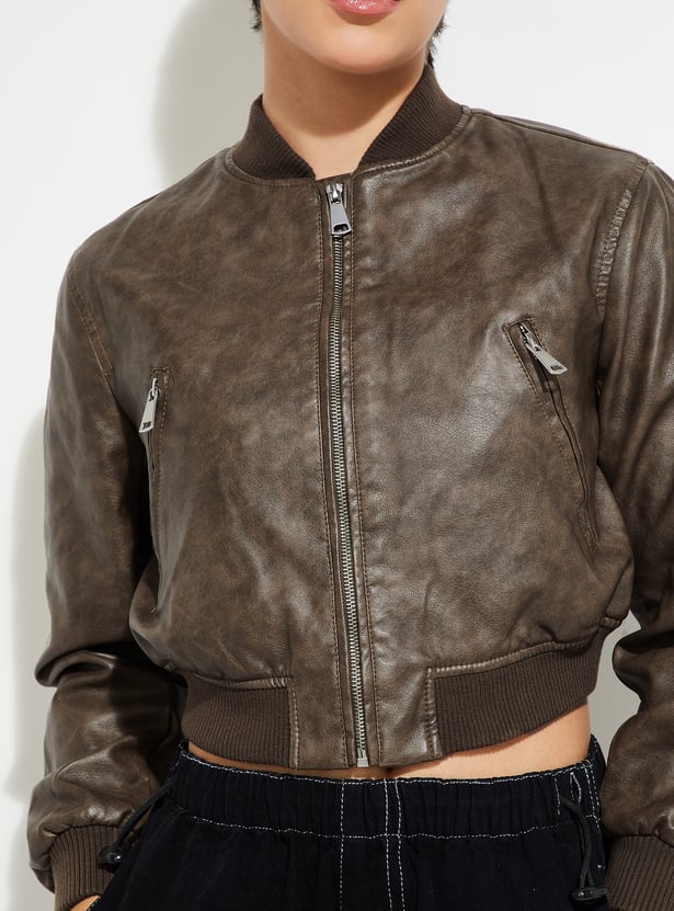 Women Faux Leather Crop Bomber Jacket