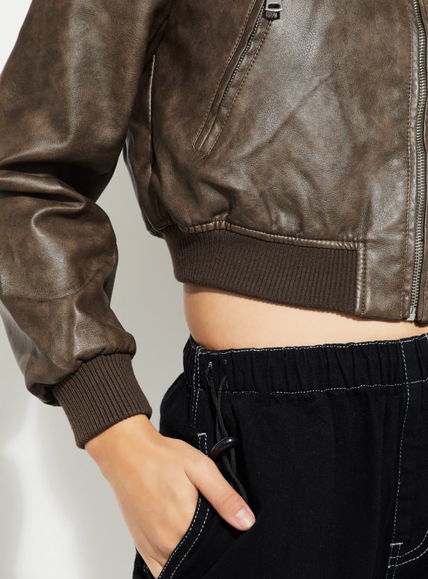 Women Faux Leather Crop Bomber Jacket