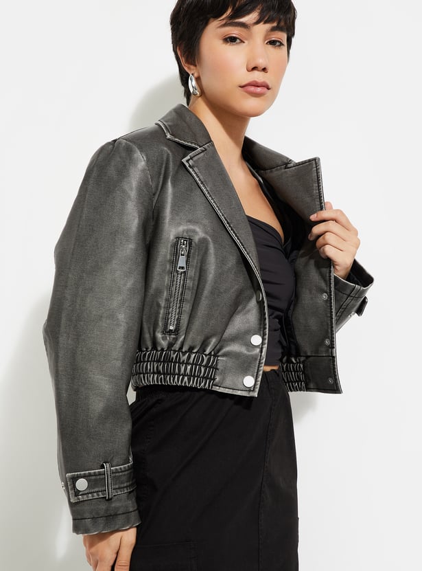 Women Solid Crop Biker Jacket