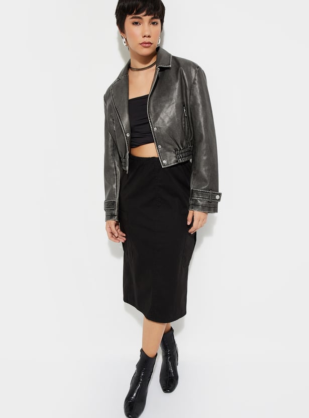 Women Solid Crop Biker Jacket