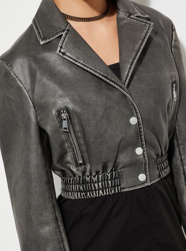 Women Solid Crop Biker Jacket