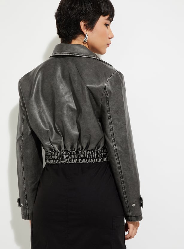 Women Solid Crop Biker Jacket