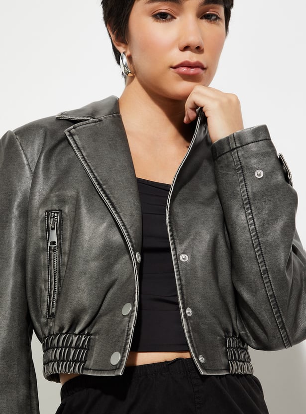 Women Solid Crop Biker Jacket