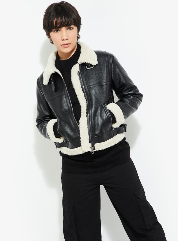 Women Faux Leather Aviator Jacket